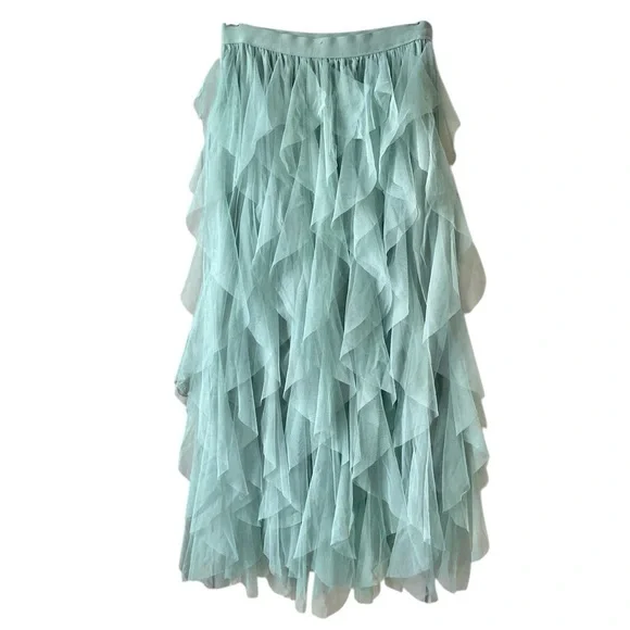 Soho Apparel Women’s Green Layered Flowy Flared Ruffle Boho Long Skirt Medium - Picture 7 of 9
